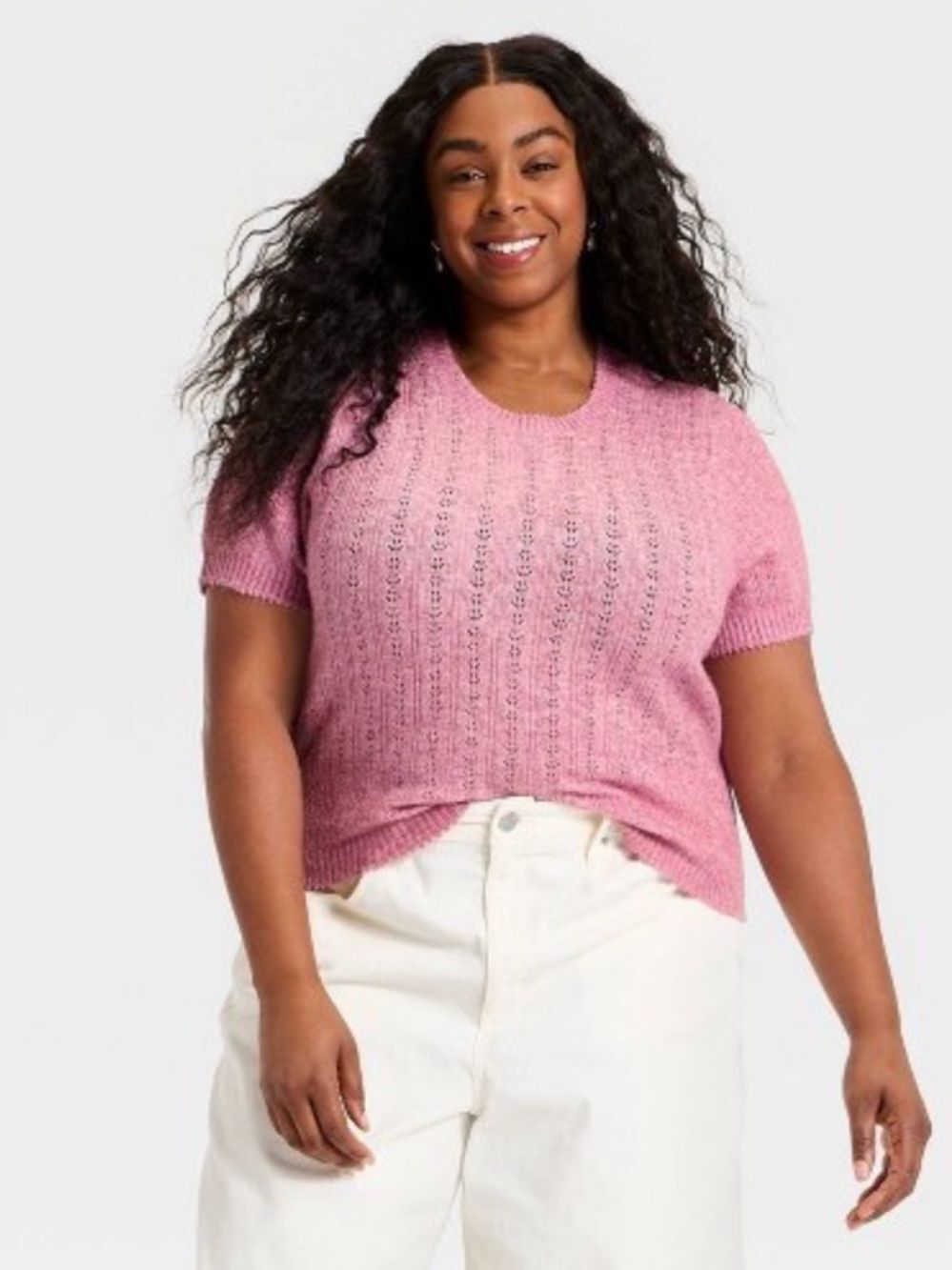 Universal Thread XXL Heather Pink Pointelle Knit Short Sleeve Crew Pullover